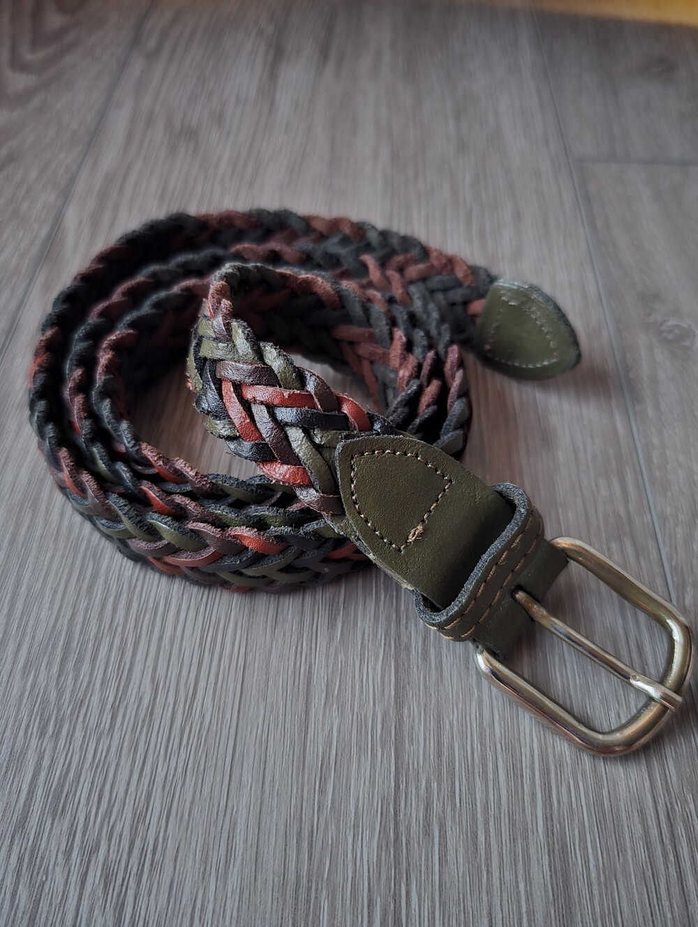 Genuine Leather Braided Belt Medium Multicolor Woven Olive Brown Boho Western